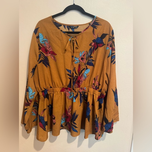 SHEIN Boho Mustard Brown Floral Tie-Front Peplum Blouse - Picture 2 of 7